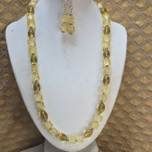 Yellow Glass Beaded Necklace and Earring Set Ice Crystal